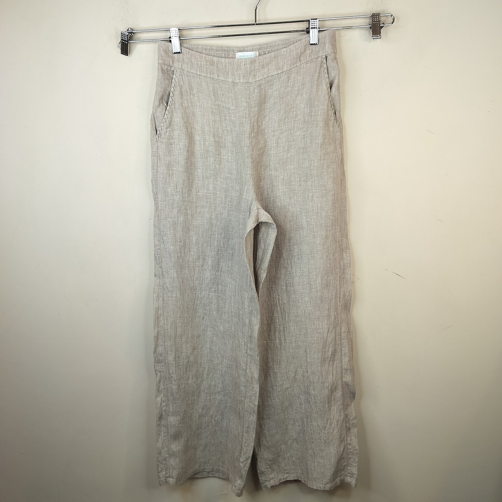 Cynthia Rowley Wide Leg Linen Pants Medium Pull On Elastic Waist Braided Trim